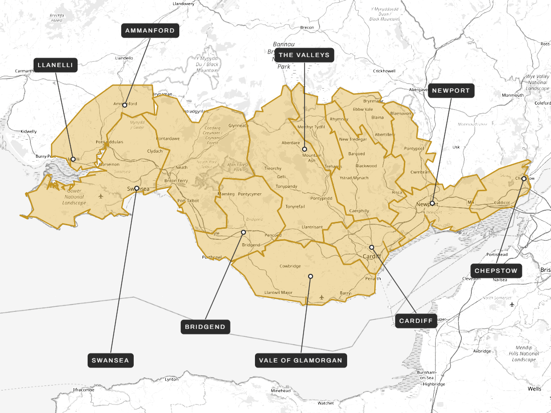 Map of the areas DNS Property Development covers across South Wales: Swansea, Llanelli, Ammanford, Bridgend, the valleys, Vale of Glamorgan, Cardiff, Newport and Chepstow